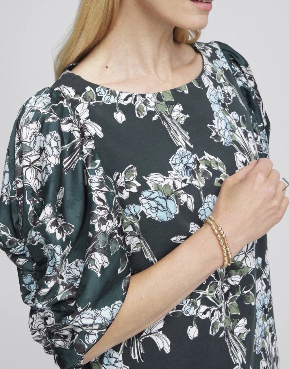 Chico's 2 Floral Puff Sleeve Blouse Green Ruched Garden Party Romantic large